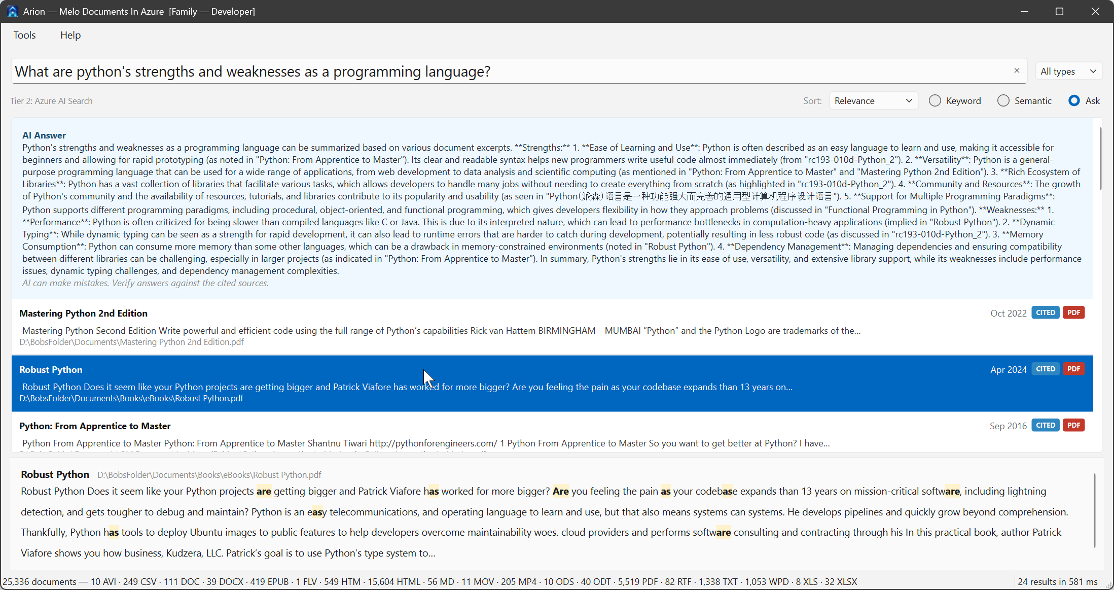 Arion's Ask panel showing a natural-language question, an AI-generated answer, and a list of source documents the answer was drawn from