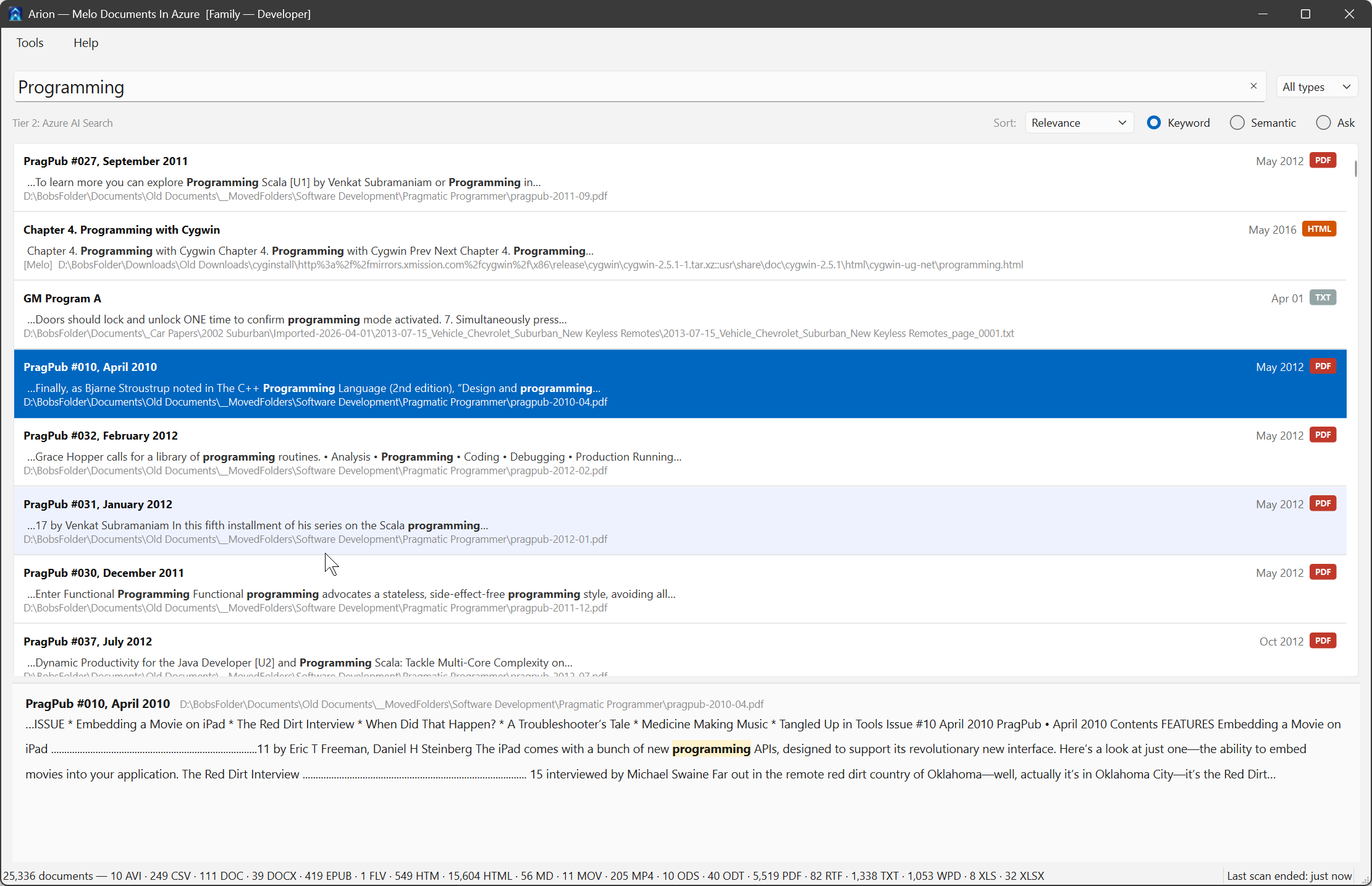 Arion's main window showing a search query, a list of matching documents with highlighted snippets, and the status bar reporting the index size