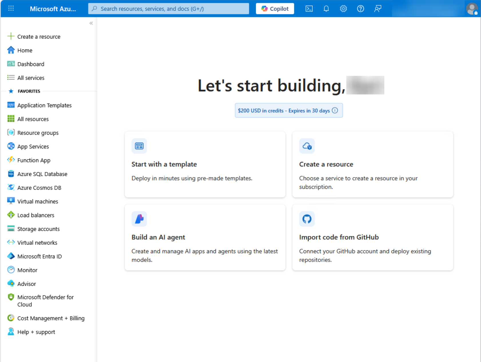 Azure 'Let's start building' welcome page showing $200 in credits