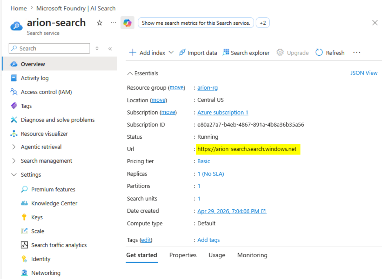 Azure AI Search URL