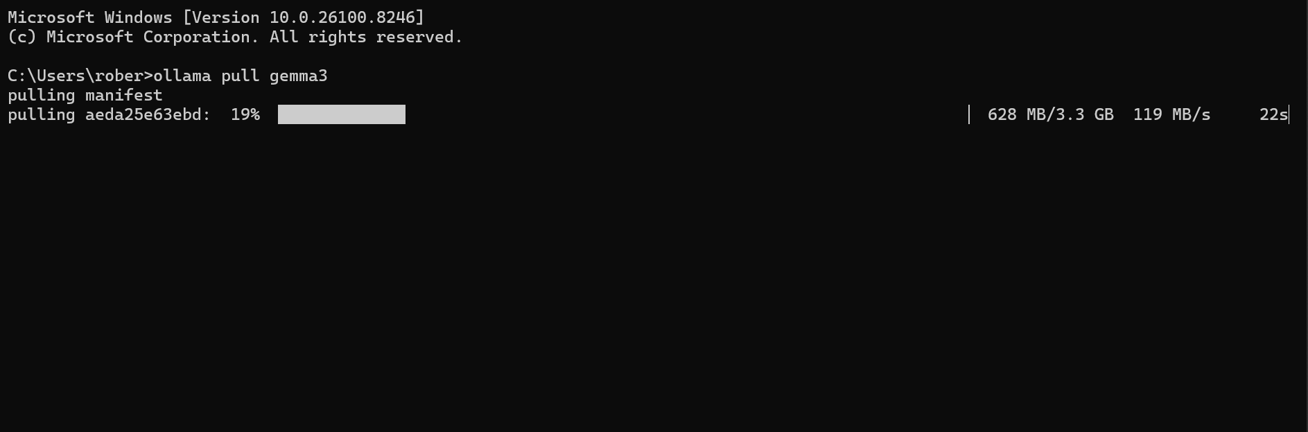 Terminal showing `ollama pull` progress with the download bar
