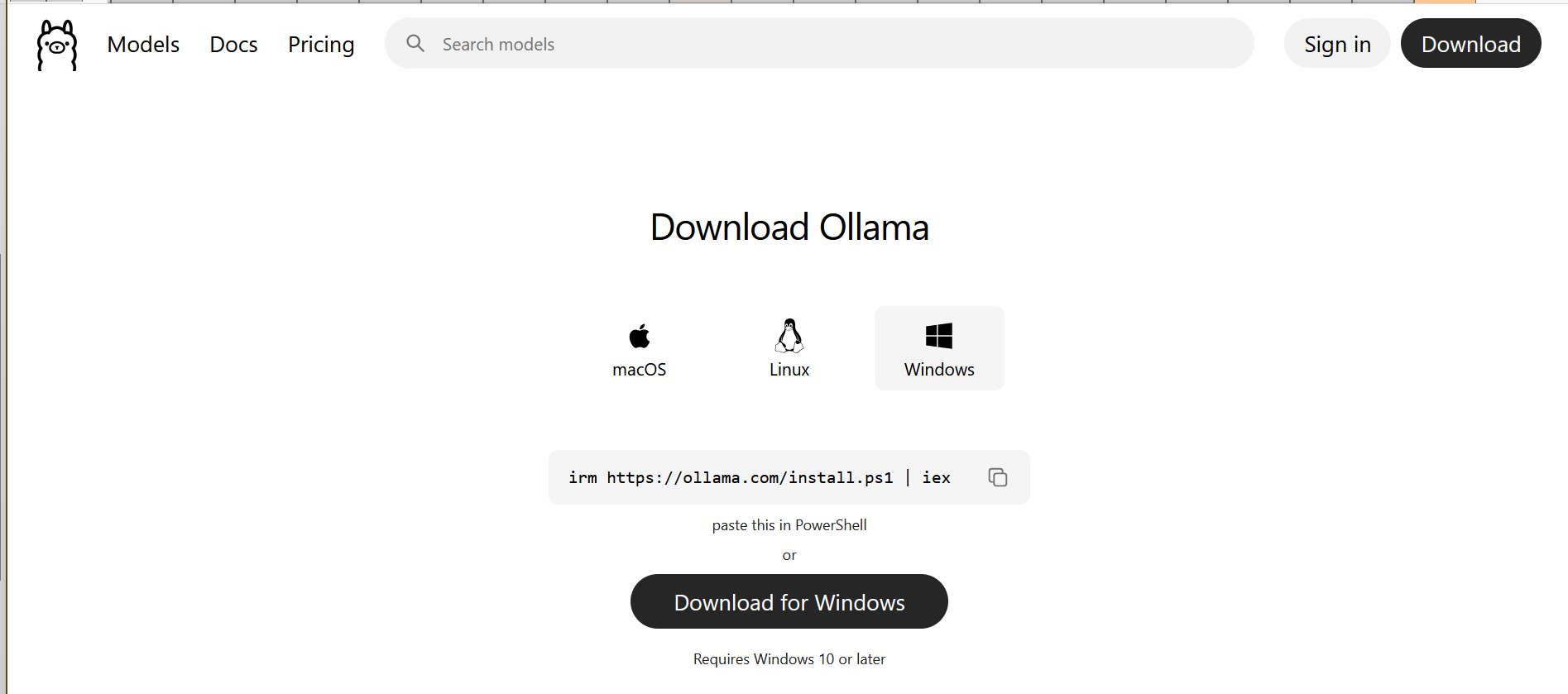 Ollama download page with download button for Windows, macOS, and Linux